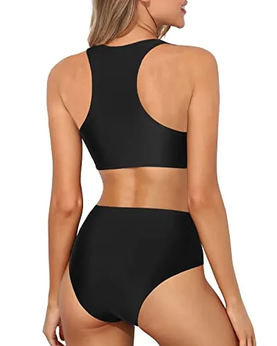 Athletic Crop Top Sporty High Waisted Bikini Set-Black