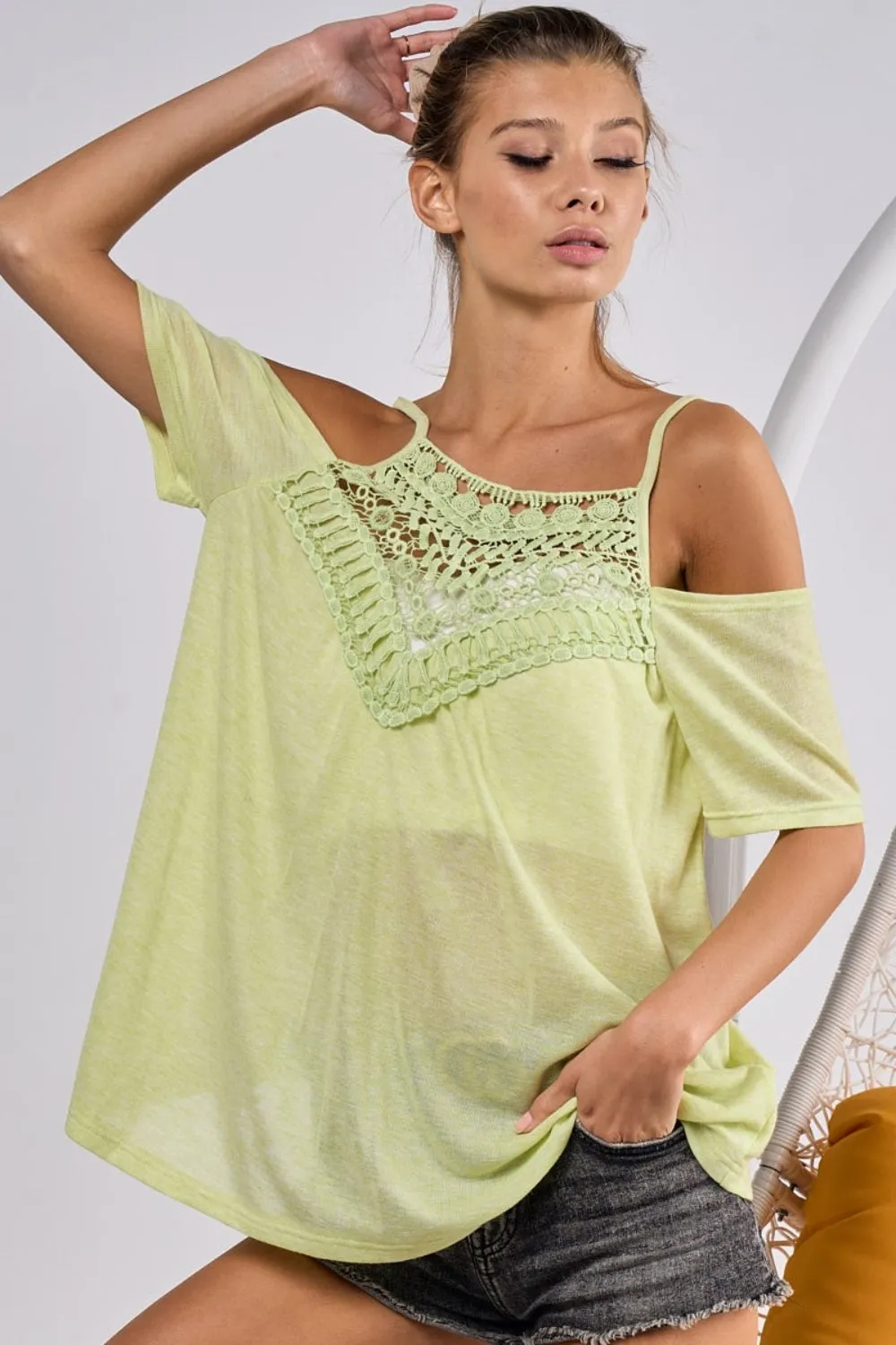 BiBi Front Crochet Lace Adjustable Strap Top in Lime