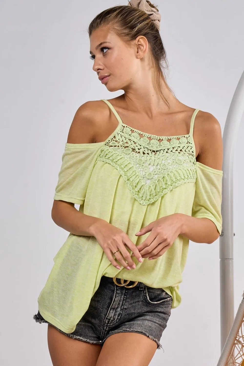 BiBi Front Crochet Lace Adjustable Strap Top in Lime