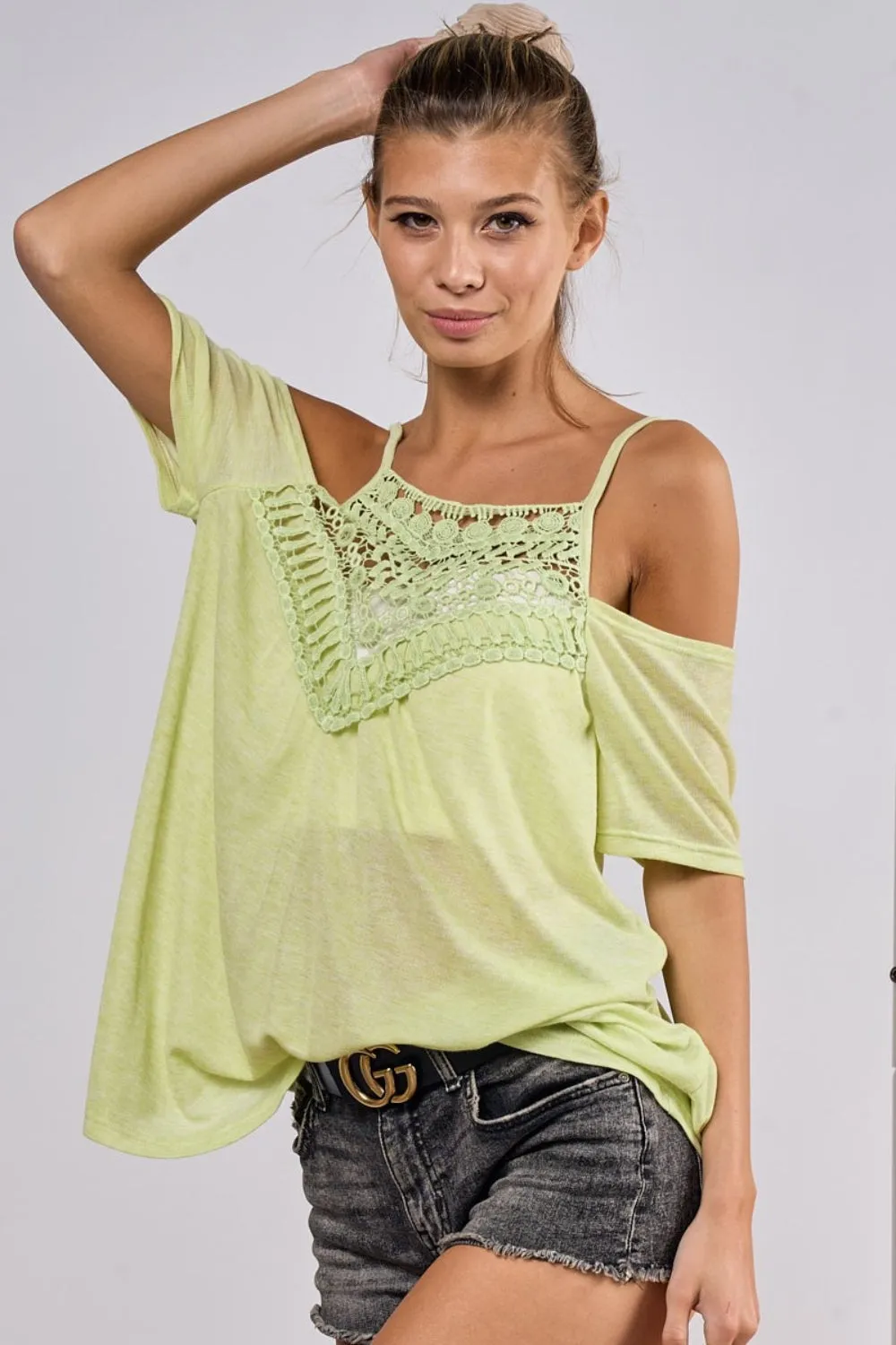 BiBi Front Crochet Lace Adjustable Strap Top in Lime