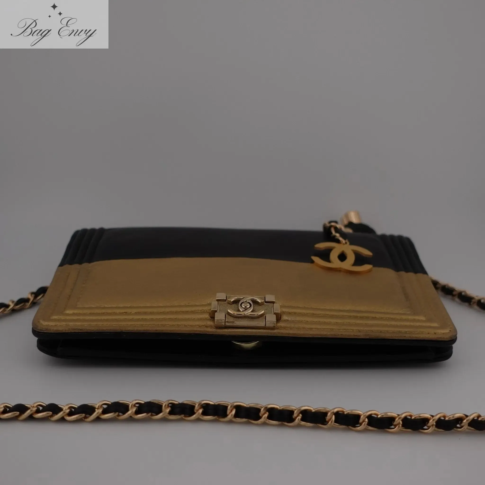 CHANEL Goatskin Boy Bifold Wallet on Adjustable Chain