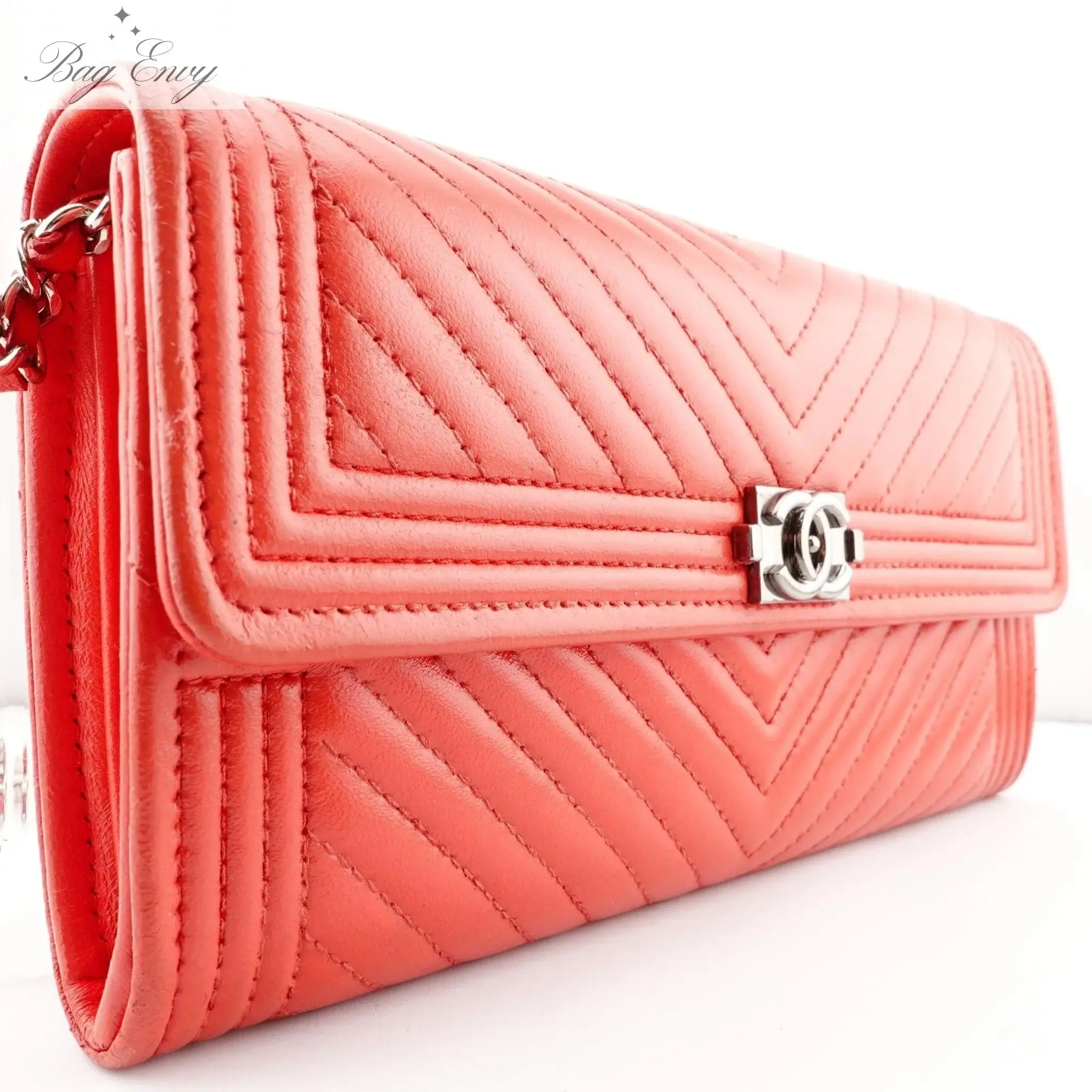 CHANEL Lambskin Chevron Boy Long Flap Wallet on Adjustable Chain