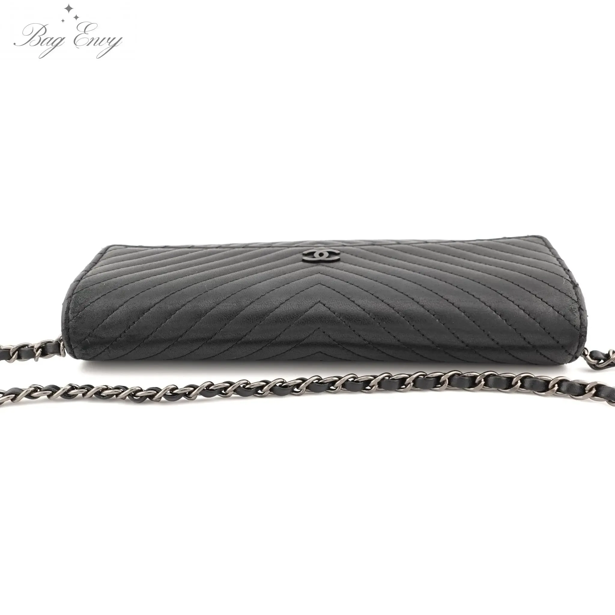 CHANEL Lambskin Chevron Long Flap Wallet On Adjustable Chain