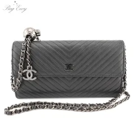 CHANEL Lambskin Chevron Long Flap Wallet On Adjustable Chain