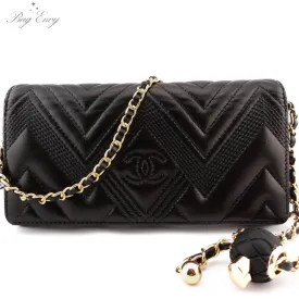 CHANEL Lambskin Chevron Quilted Full Flap Wallet with Adjustable Chain