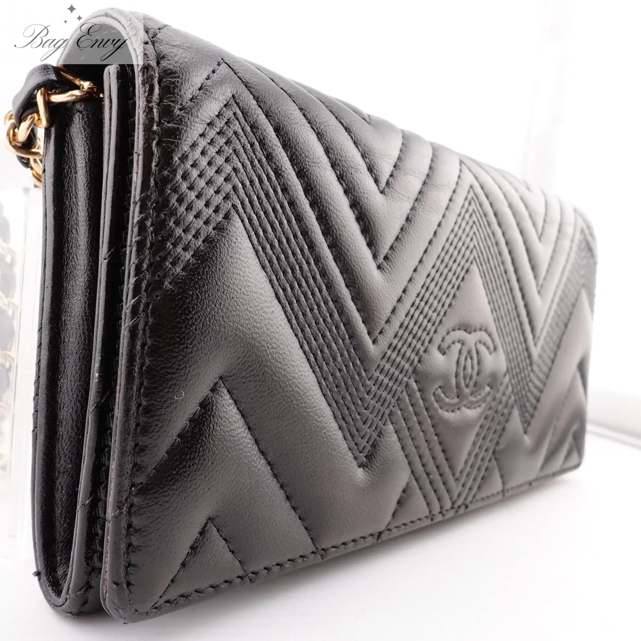 CHANEL Lambskin Chevron Quilted Full Flap Wallet with Adjustable Chain