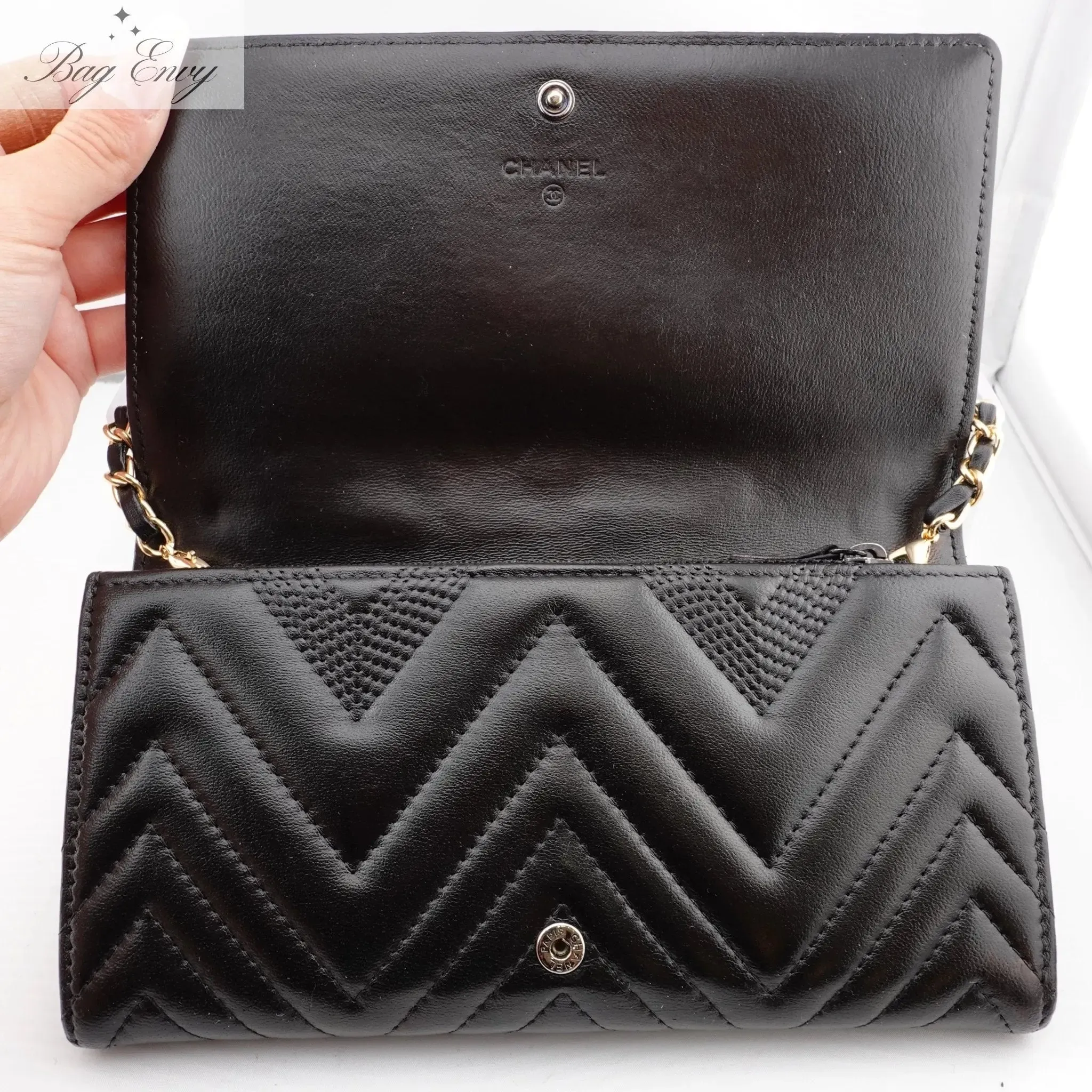 CHANEL Lambskin Chevron Quilted Full Flap Wallet with Adjustable Chain