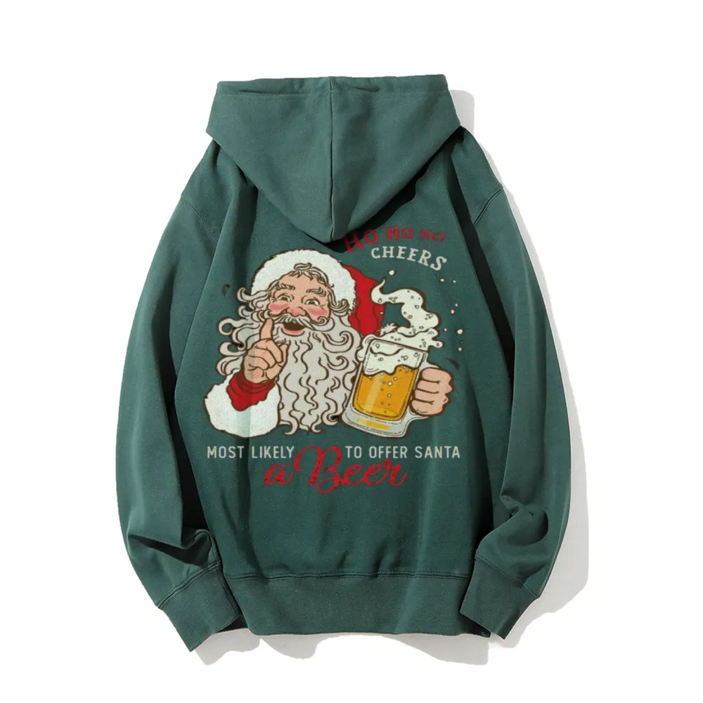 Christmas Santa Claus With Beer Graphic Pullover With Kangaroo Pocket Hoodies