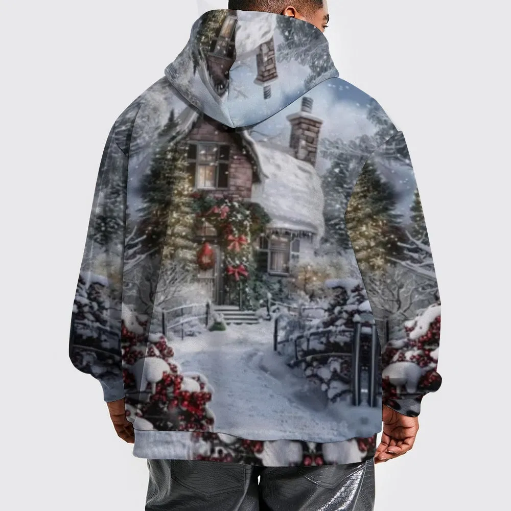 Christmas Winter Snow House Graphic Pullover With Kangaroo Pocket Hoodies