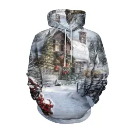 Christmas Winter Snow House Graphic Pullover With Kangaroo Pocket Hoodies