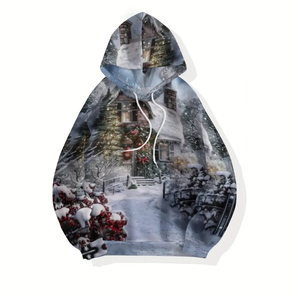 Christmas Winter Snow House Graphic Pullover With Kangaroo Pocket Hoodies