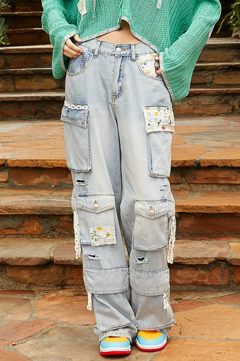 Floral Patches Multi Pockets Cargo Pants