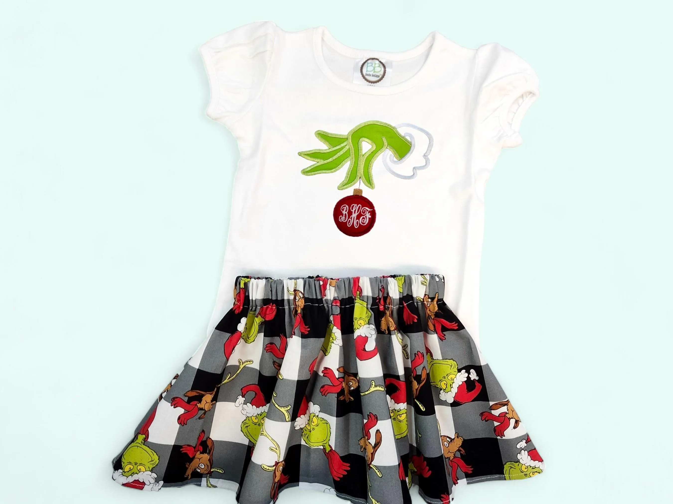 Grinch Christmas Outfit, Personalized Girl Grinch Outfit, Christmas Skirt and Shirt, Grinch Girls Skirt, Christmas Monogram Girl Shirt Skirt