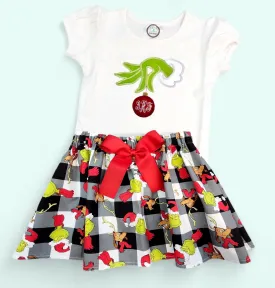 Grinch Christmas Outfit, Personalized Girl Grinch Outfit, Christmas Skirt and Shirt, Grinch Girls Skirt, Christmas Monogram Girl Shirt Skirt