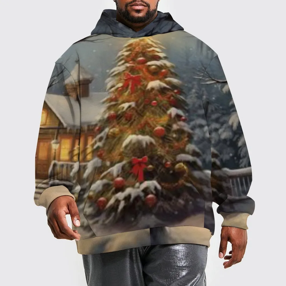 Mens Happy Christmas Tree Graphic Pullover With Kangaroo Pocket Hoodies