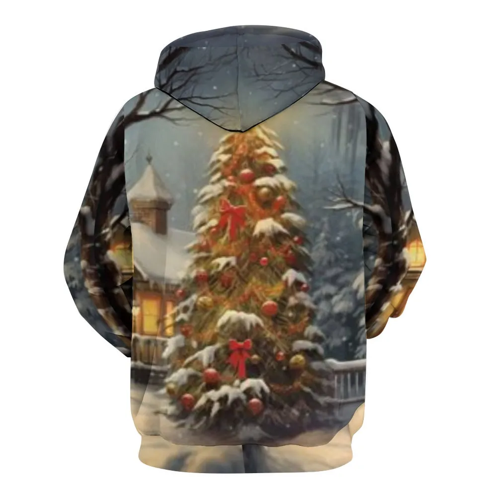 Mens Happy Christmas Tree Graphic Pullover With Kangaroo Pocket Hoodies