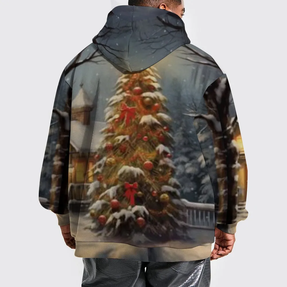 Mens Happy Christmas Tree Graphic Pullover With Kangaroo Pocket Hoodies