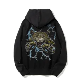 Mens Vintage Fierce Leopard Darkness Style Print Graphic Pullover With Kangaroo Pocket Hoodies