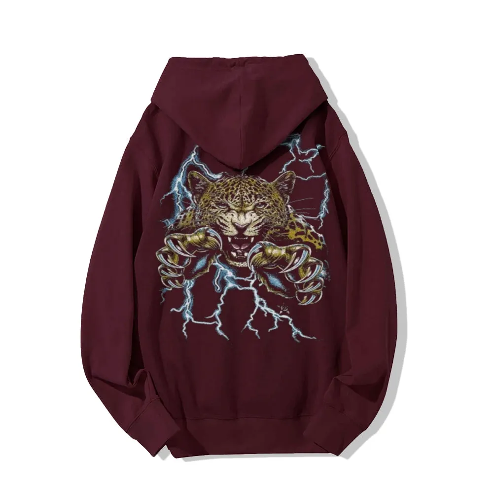 Mens Vintage Fierce Leopard Darkness Style Print Graphic Pullover With Kangaroo Pocket Hoodies