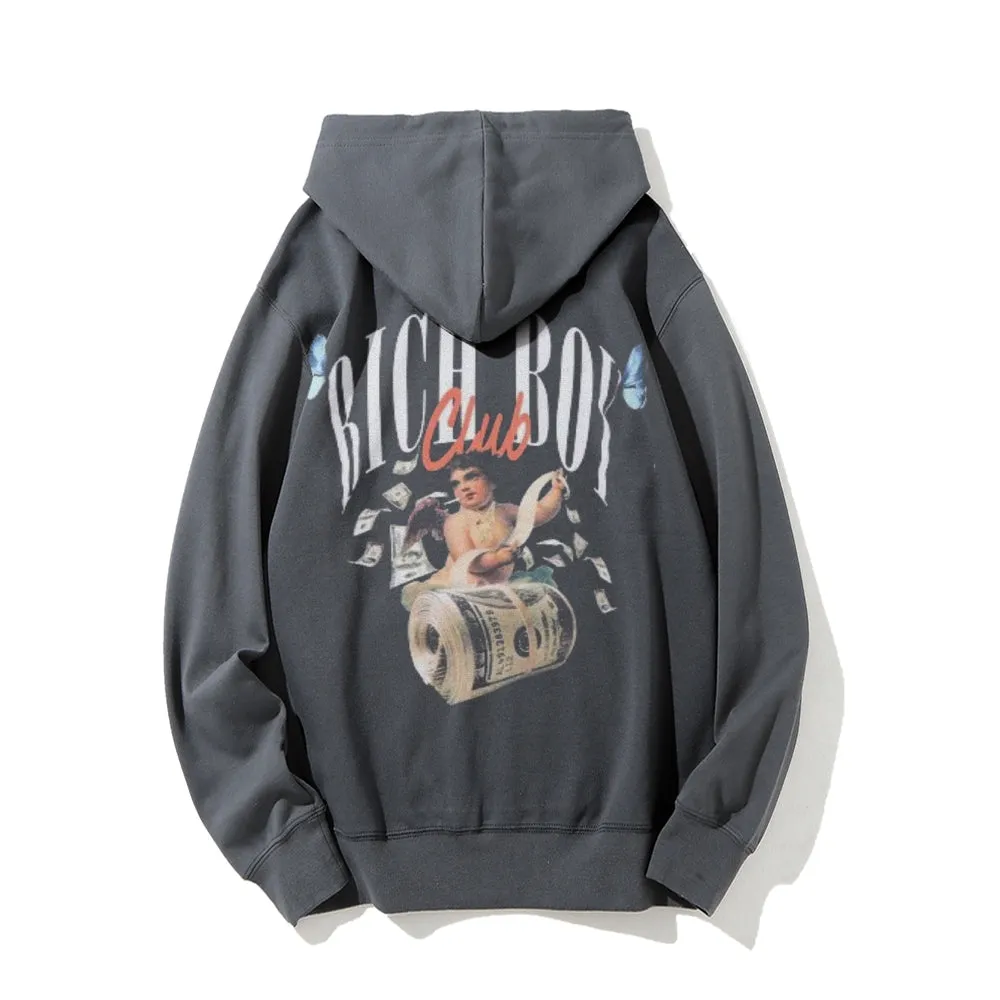 Mens Vintage Rich Boy Dollar Cartoon Style Print Graphic Pullover With Kangaroo Pocket Hoodies