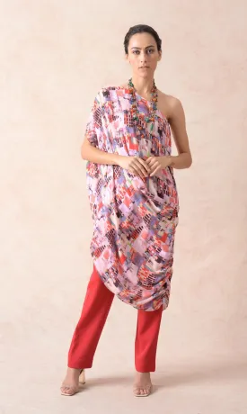 Multicolored abstract print one shoulder cowl tunic with pants