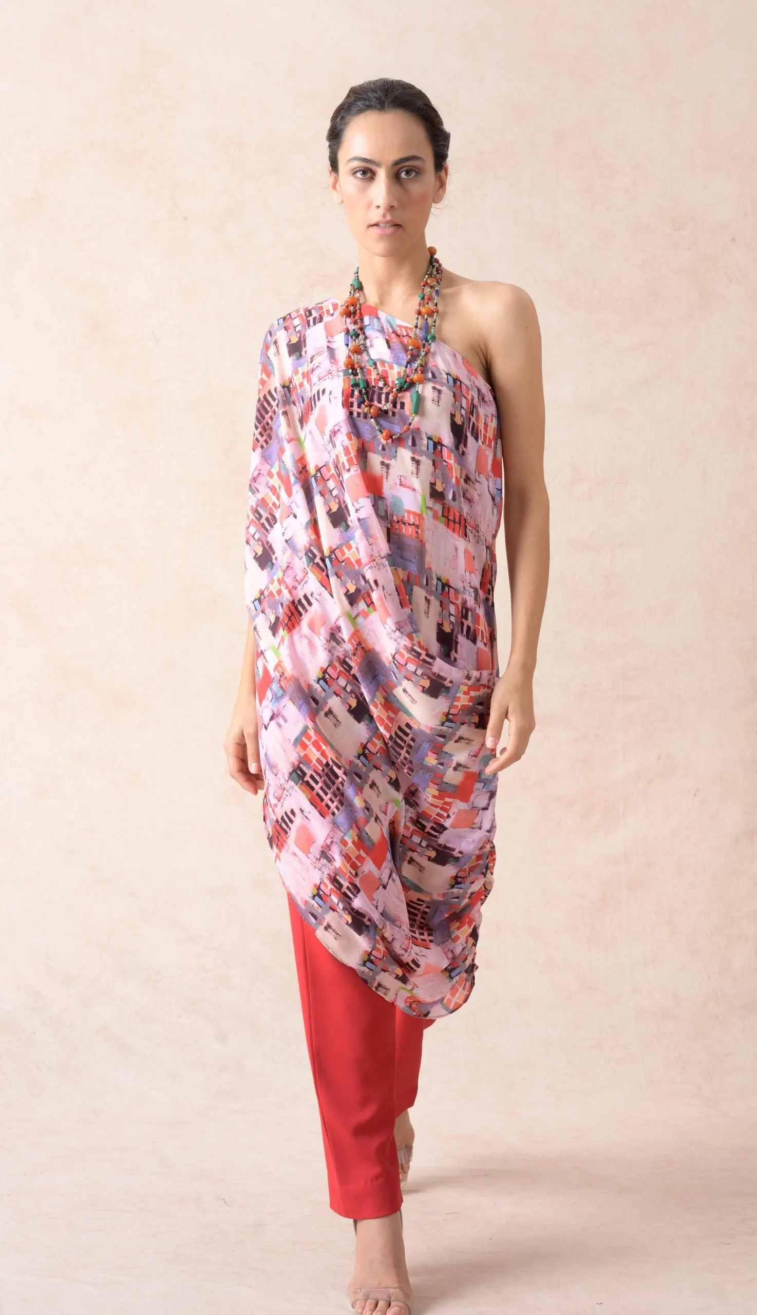 Multicolored abstract print one shoulder cowl tunic with pants