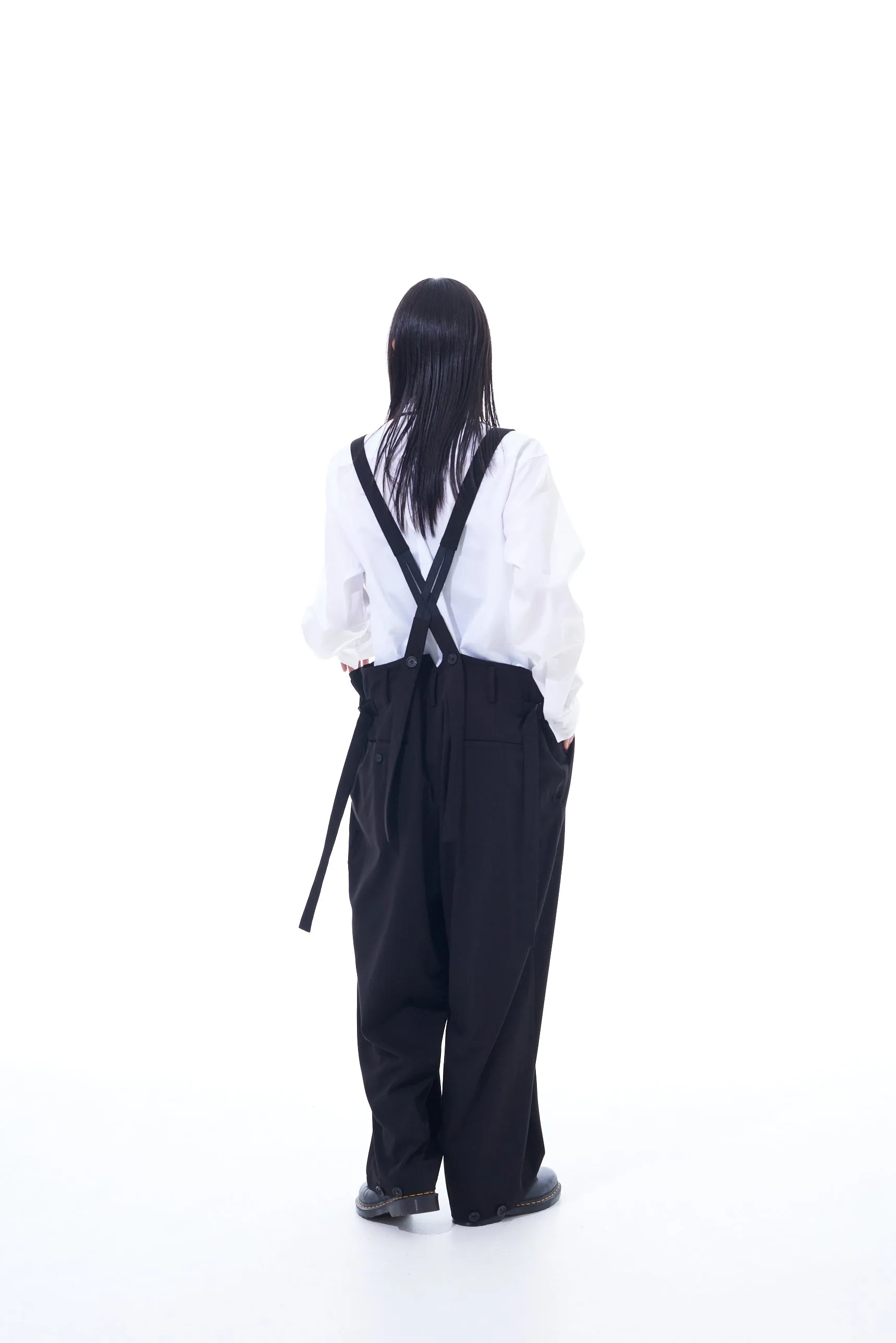 PE/RAYON GABARDINE STRETCH SUSPENDER PANTS WITH HEM BUTTON DETAIL