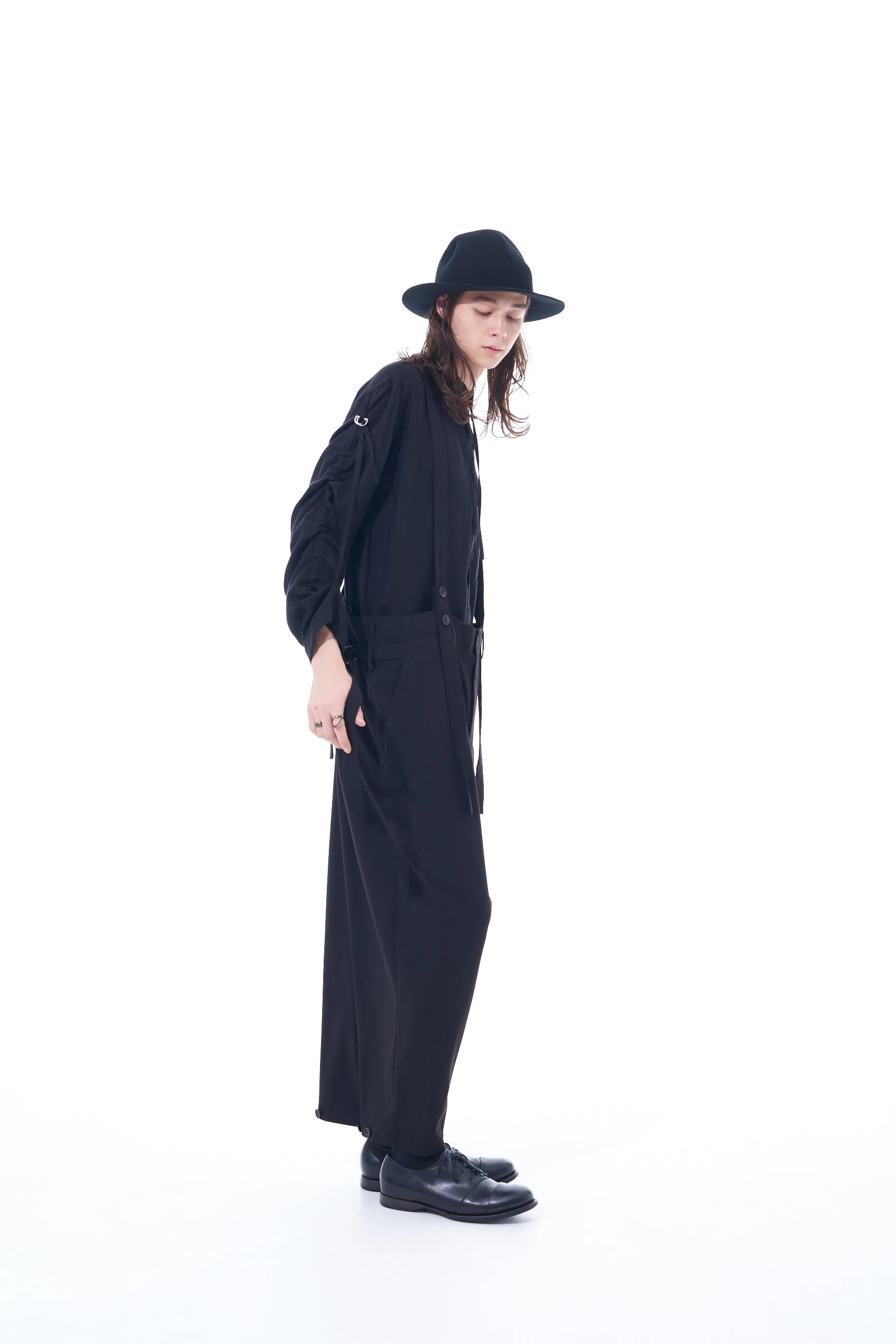 PE/RAYON GABARDINE STRETCH SUSPENDER PANTS WITH HEM BUTTON DETAIL