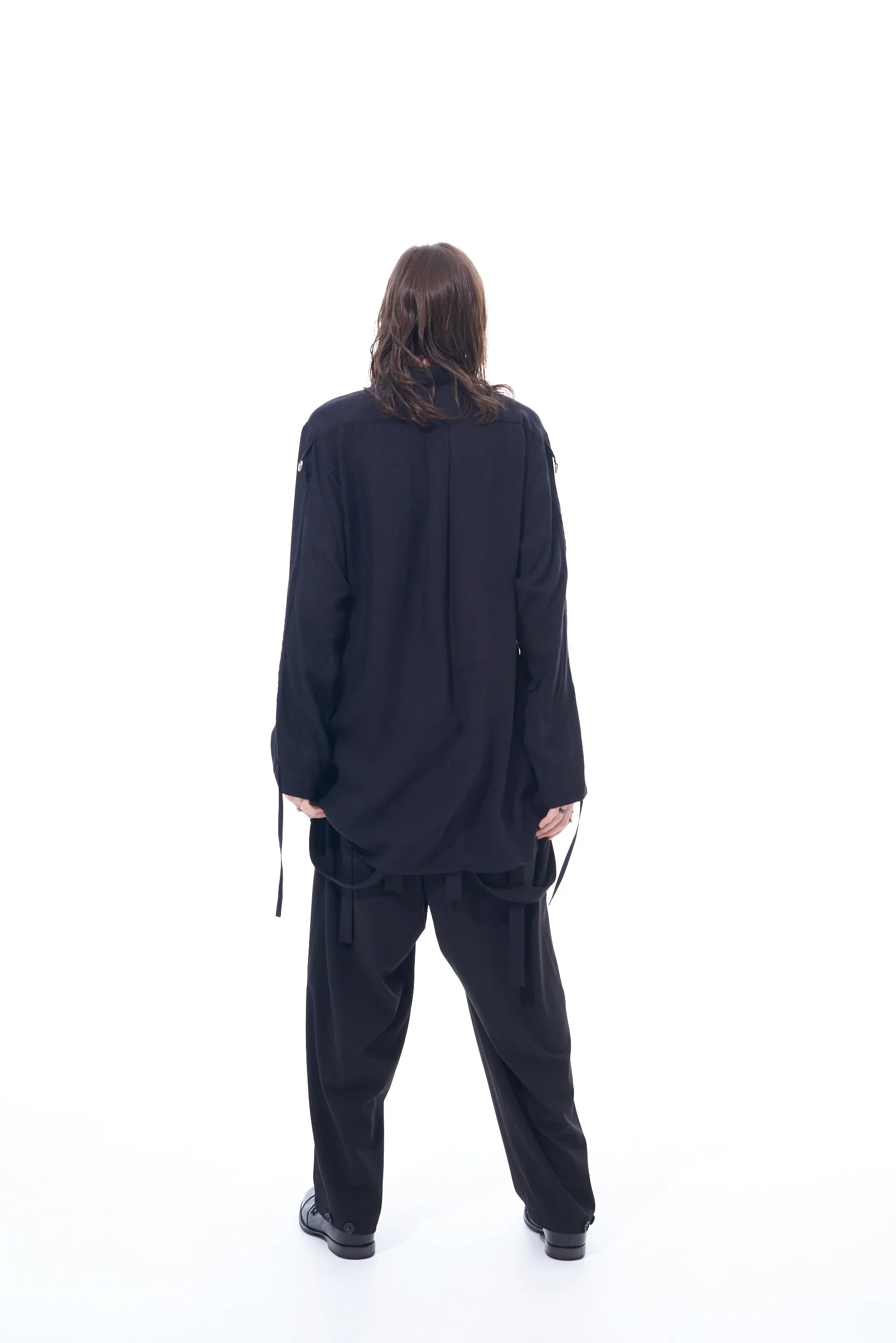 PE/RAYON GABARDINE STRETCH SUSPENDER PANTS WITH HEM BUTTON DETAIL