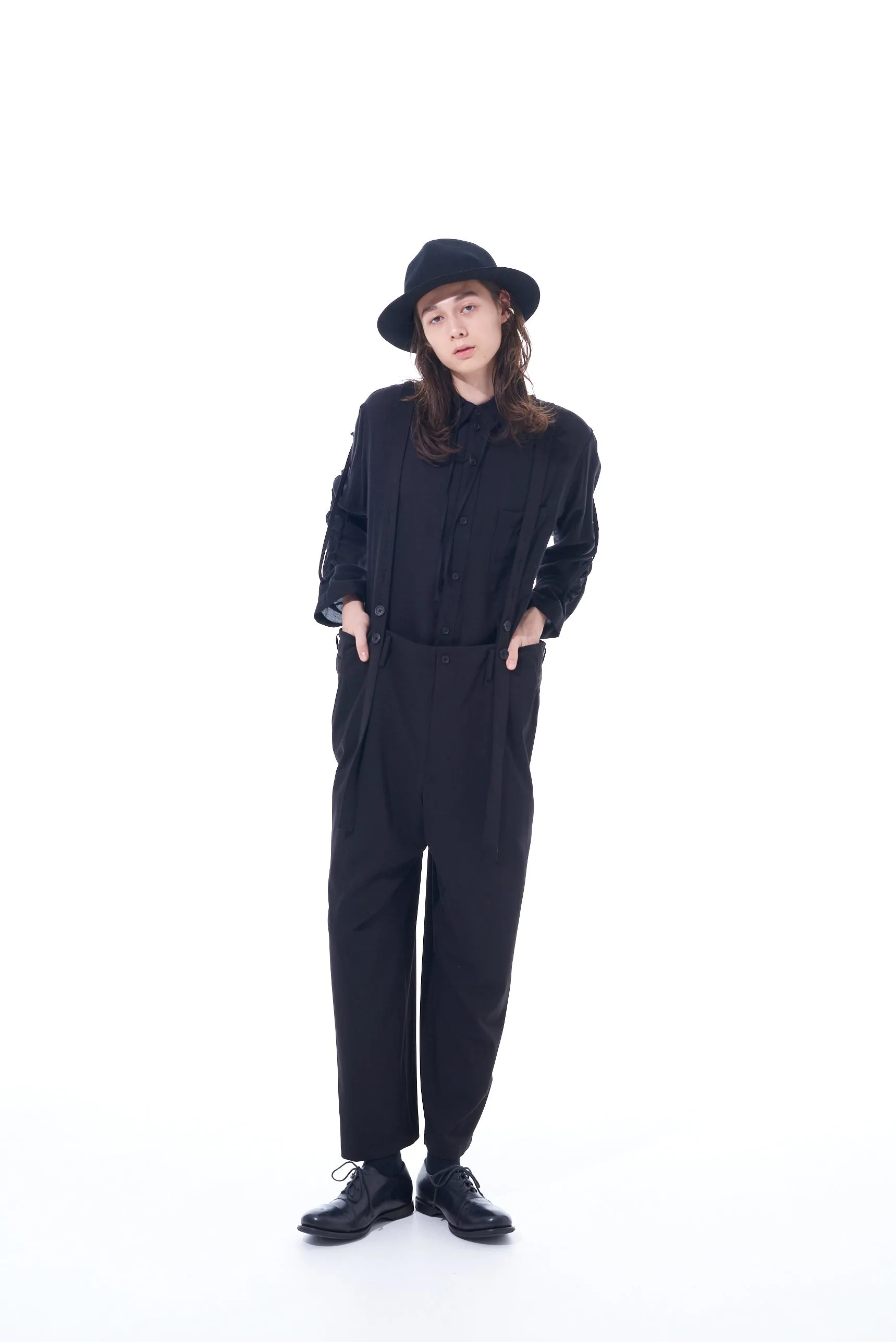 PE/RAYON GABARDINE STRETCH SUSPENDER PANTS WITH HEM BUTTON DETAIL