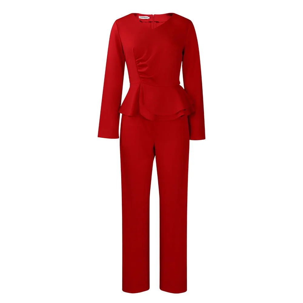 Ruffled V-neck Top and Snug-fit Pants Suits