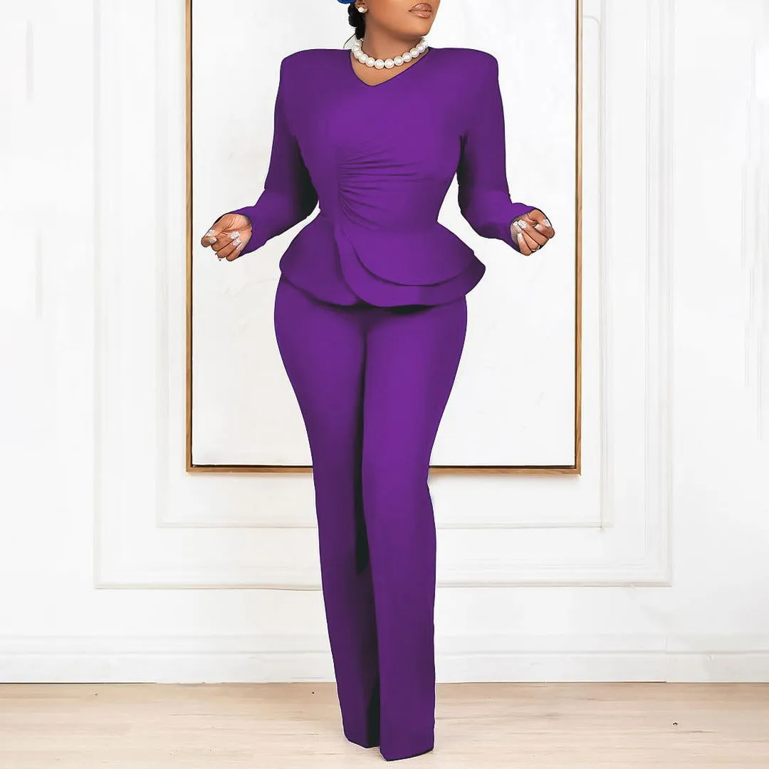 Ruffled V-neck Top and Snug-fit Pants Suits