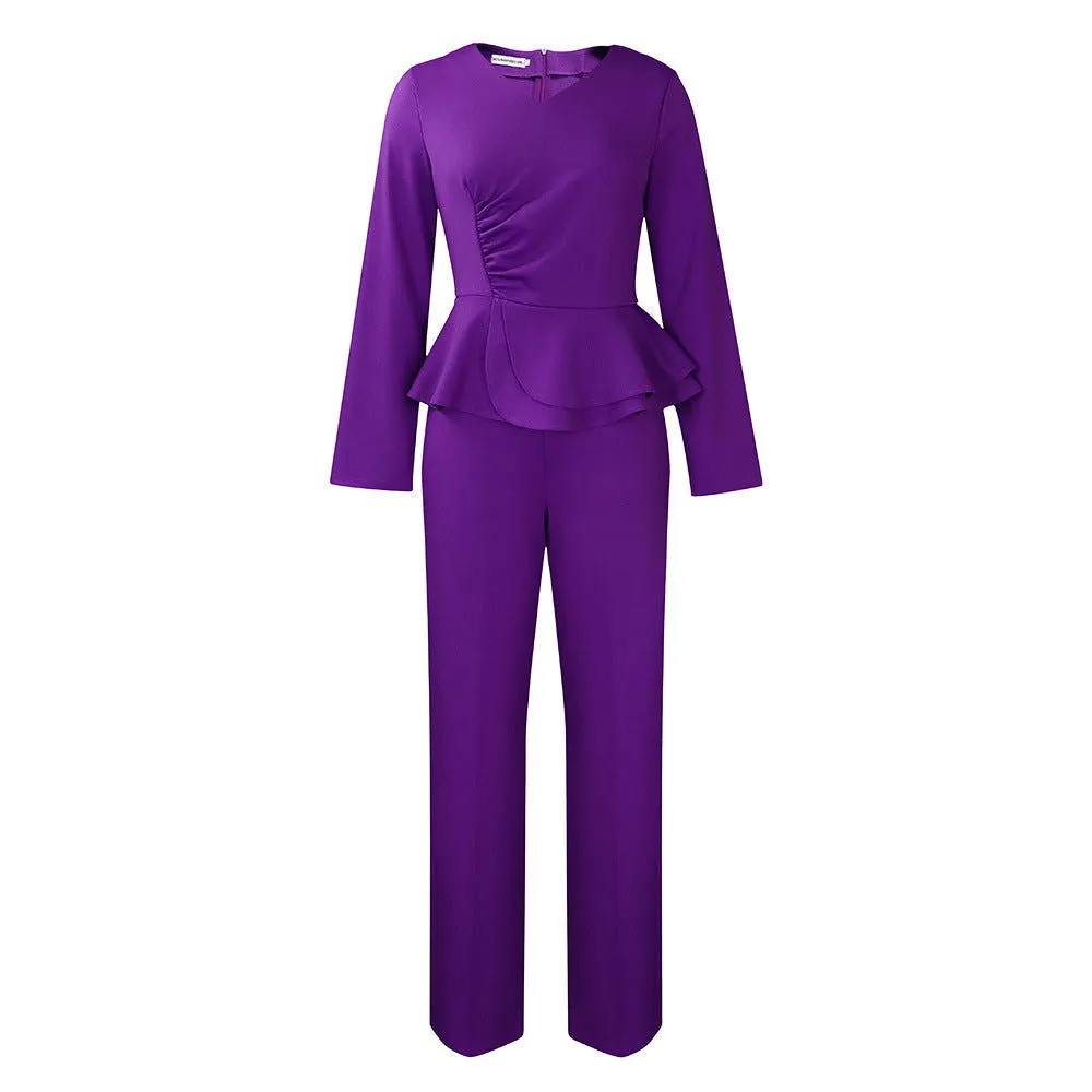 Ruffled V-neck Top and Snug-fit Pants Suits