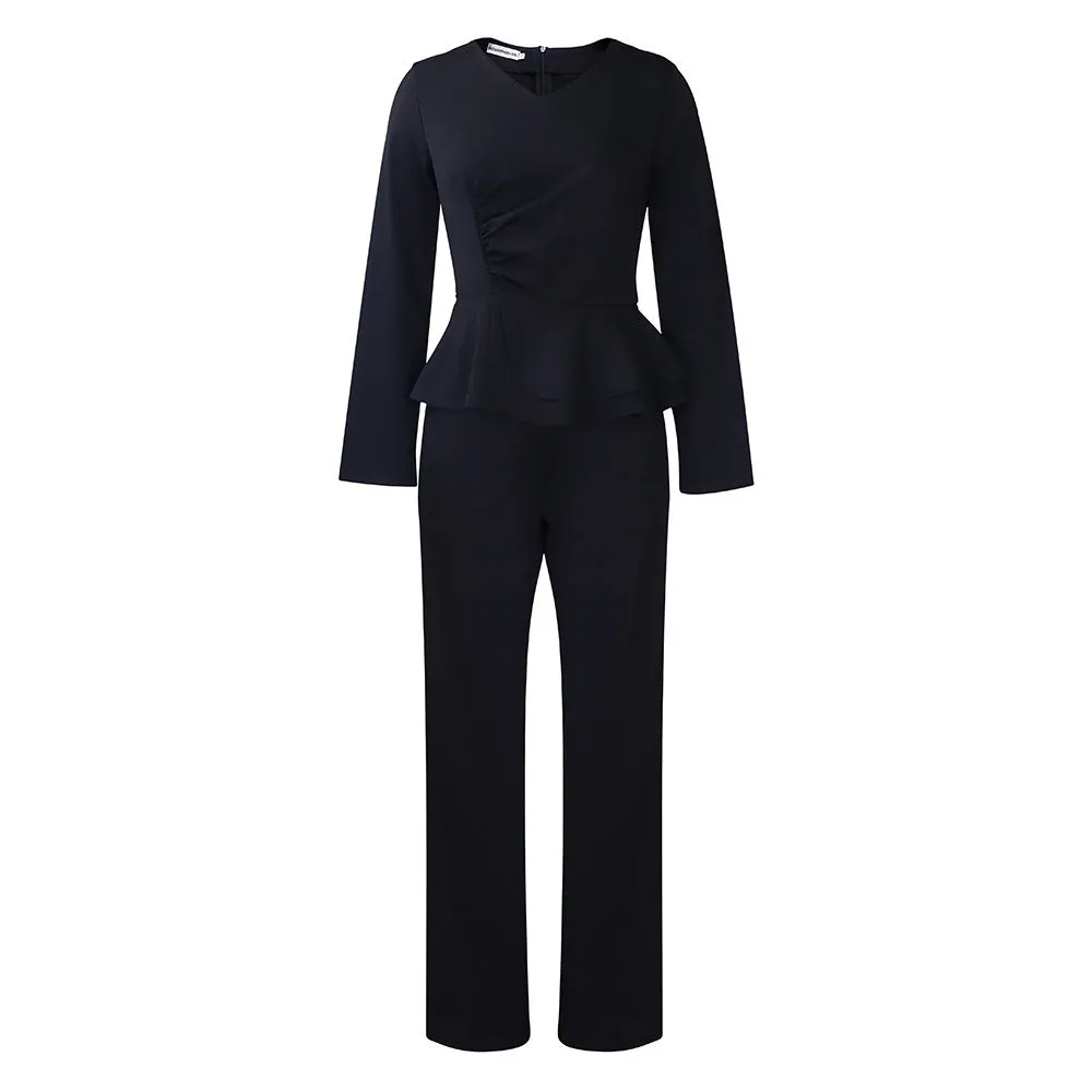 Ruffled V-neck Top and Snug-fit Pants Suits