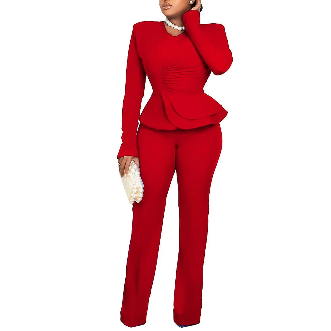 Ruffled V-neck Top and Snug-fit Pants Suits