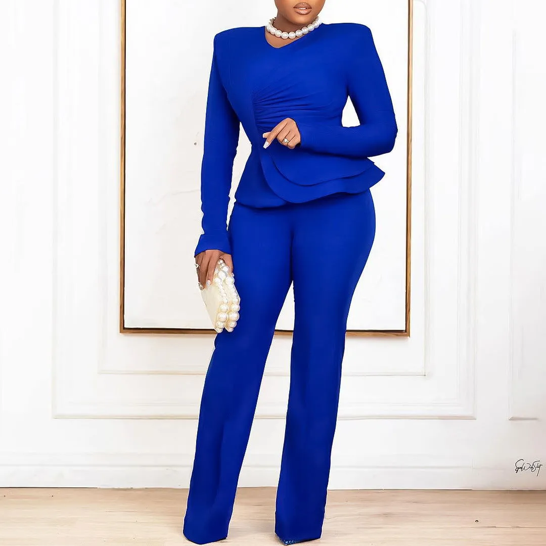 Ruffled V-neck Top and Snug-fit Pants Suits