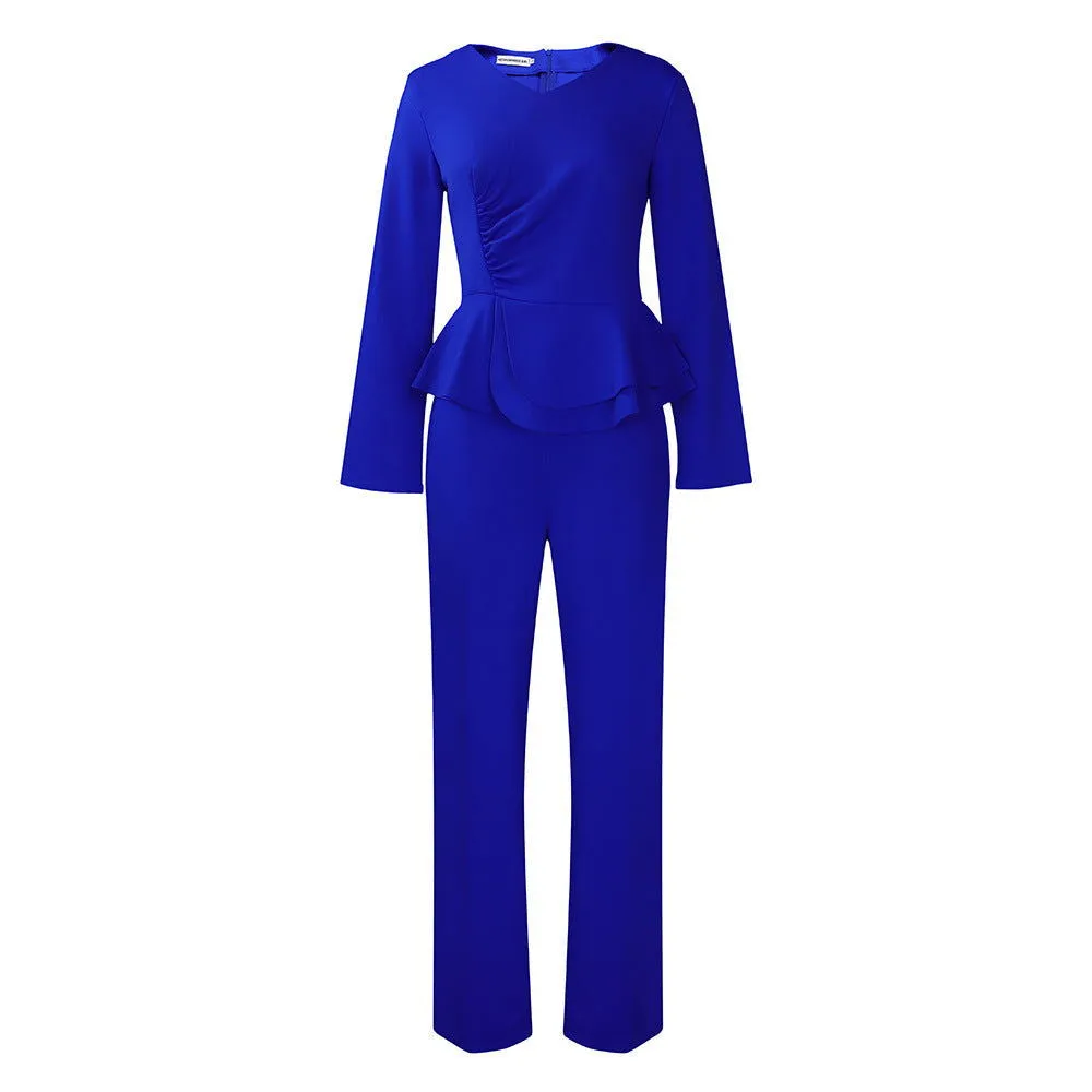 Ruffled V-neck Top and Snug-fit Pants Suits