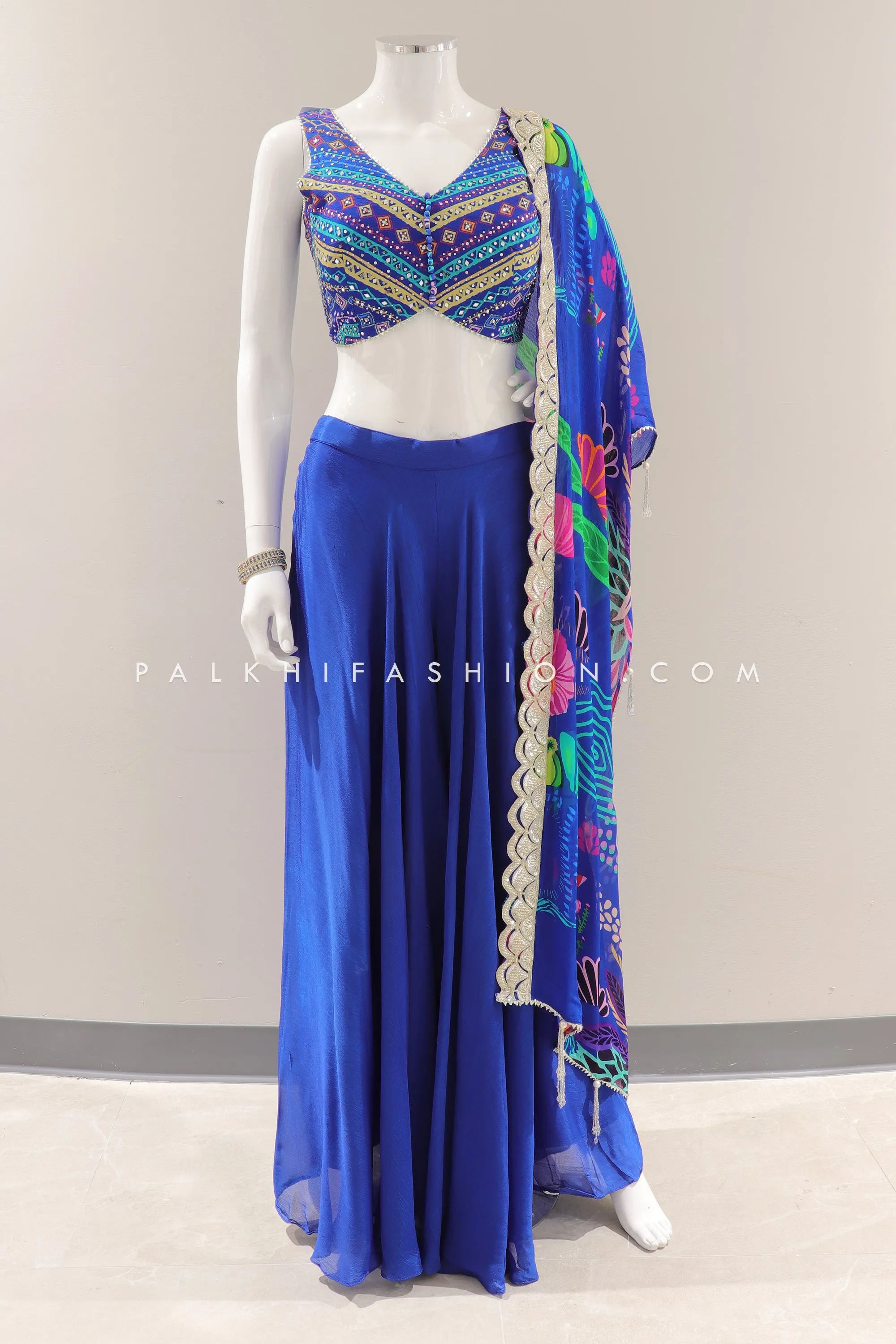 Stylish Royal Blue Crop Top Palazzo Outfit with Attractive Dupatta