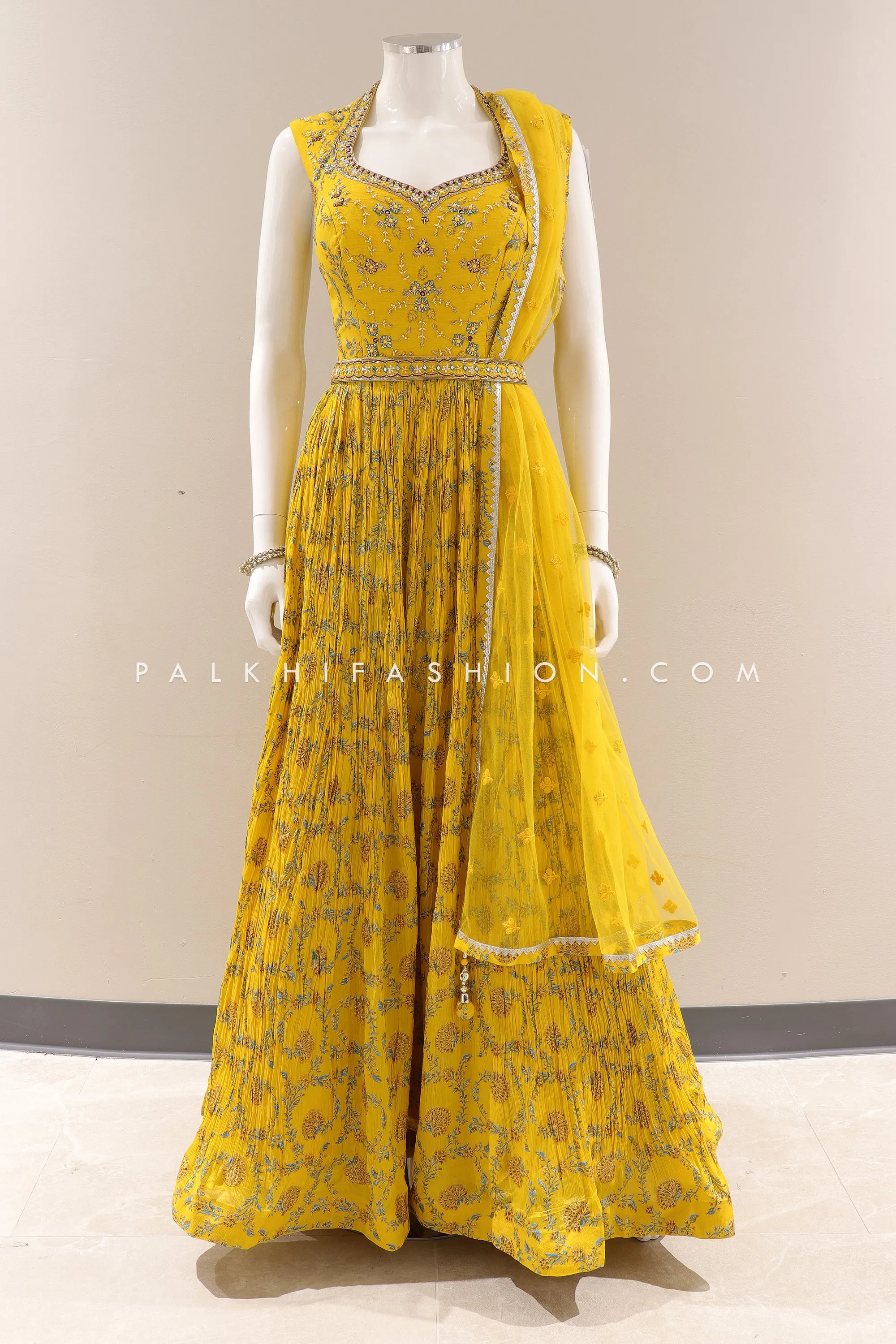 Stylish Yellow Georgette Indian Outfit with Attractive Work