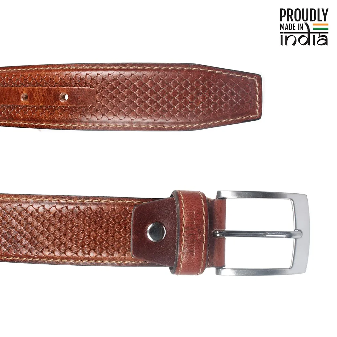 THE CLOWNFISH Men's Genuine Leather Belt with Embossed Design - Sienna Brown (Size - 32 inches)