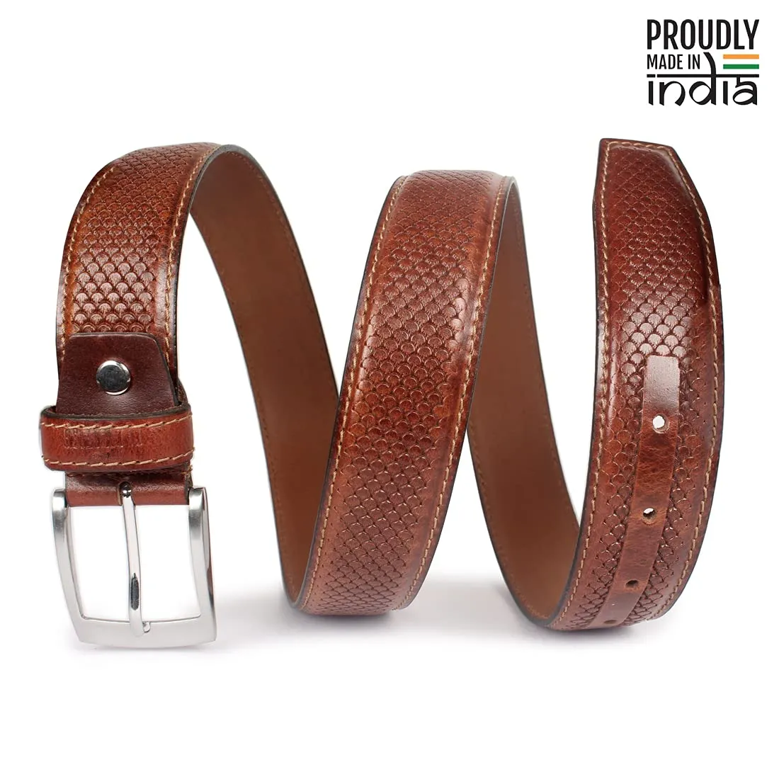 THE CLOWNFISH Men's Genuine Leather Belt with Embossed Design - Sienna Brown (Size - 40 inches)