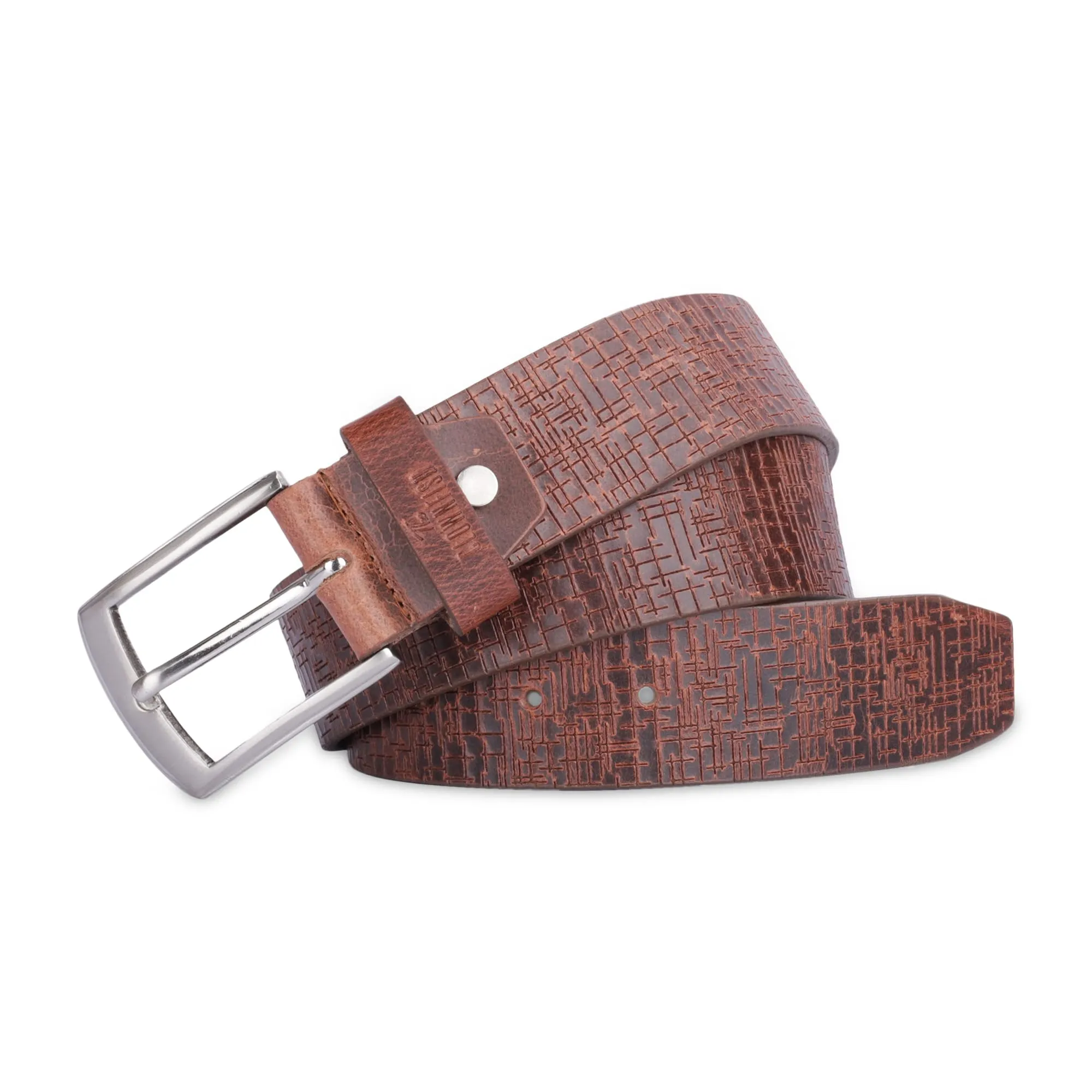 THE CLOWNFISH Men's Genuine Leather Belt with Textured Design- Tan (Size-32 inches)