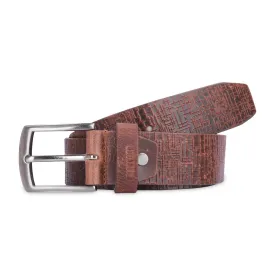 THE CLOWNFISH Men's Genuine Leather Belt with Textured Design- Tan (Size-32 inches)