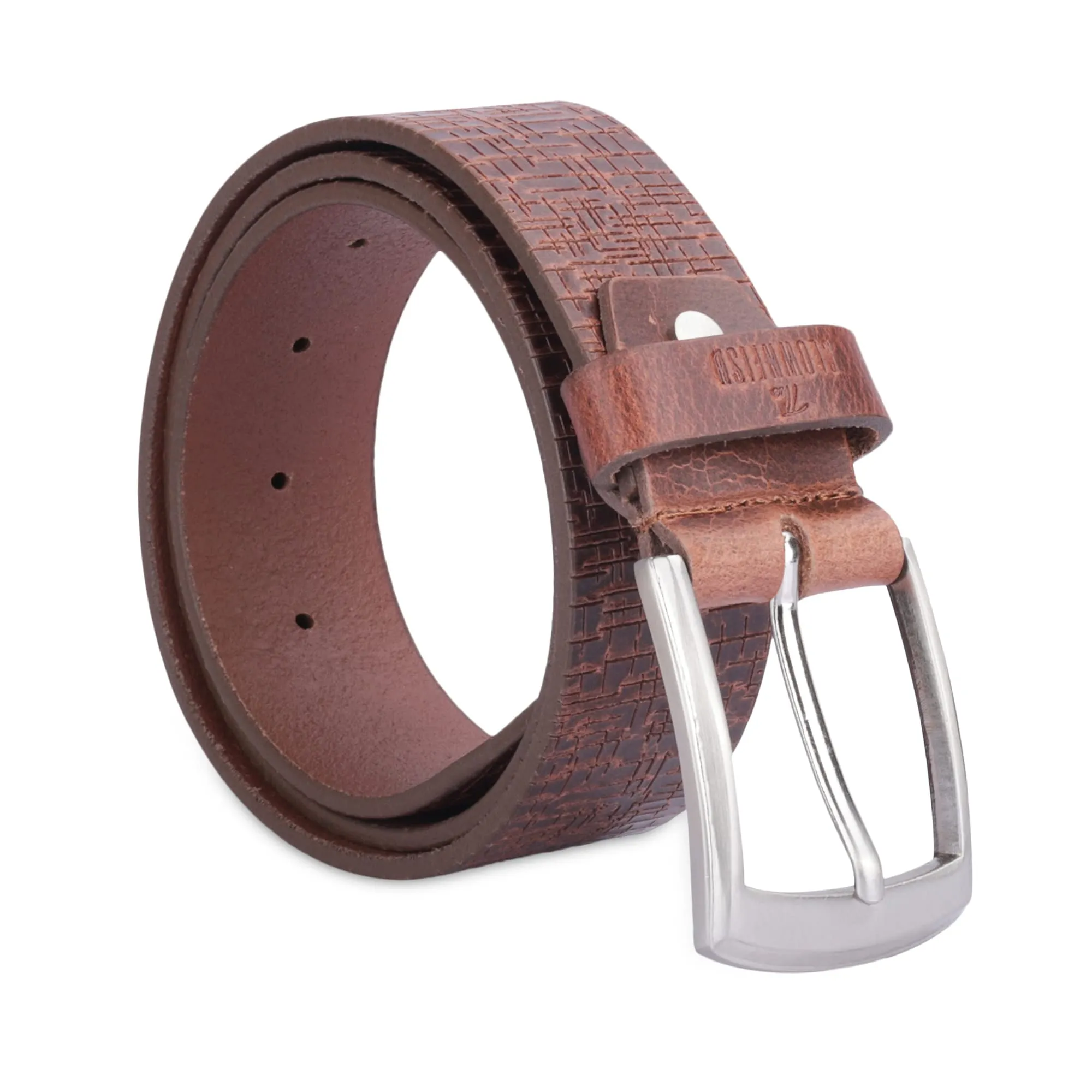 THE CLOWNFISH Men's Genuine Leather Belt with Textured Design- Tan (Size-32 inches)