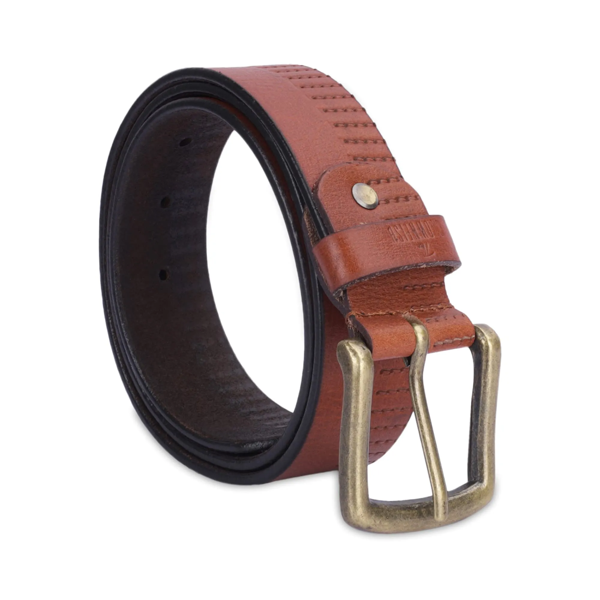 THE CLOWNFISH Men's Genuine Leather Belt with Textured Design -Tan (Size - 36 inches)