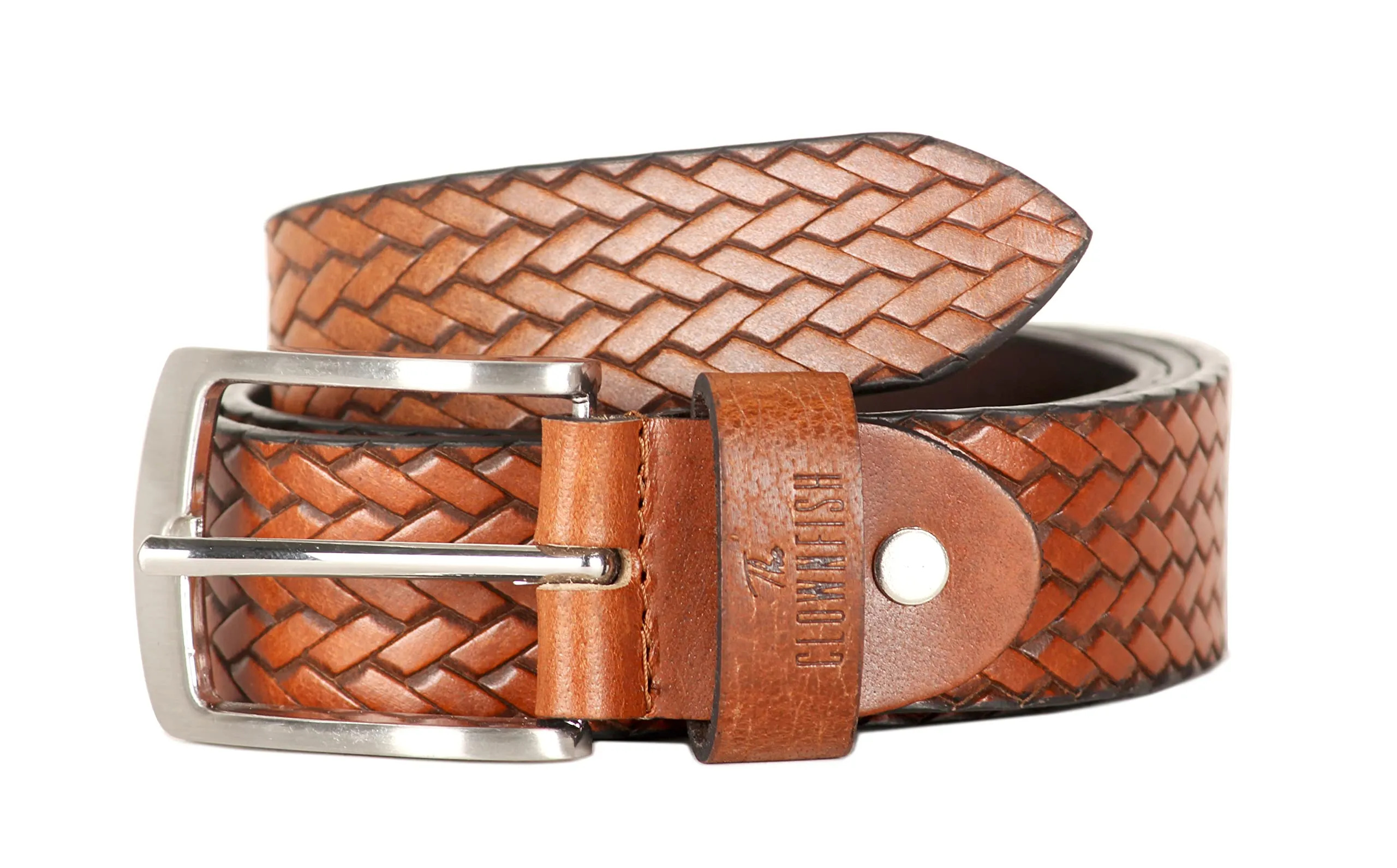 THE CLOWNFISH Men's Genuine Leather Belt with Textured/Embossed Design-Copper Brown (Size-40 inches)