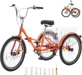 Vevor Adult Tricycle 26" 1-Speed Folding Aluminum Alloy Cruiser with Large Basket and Adjustable Seat New