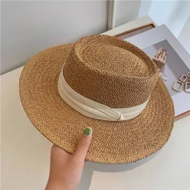 Women Fashion Summer Flat Top Straw Hat Sun Hat Travel Beach Cap