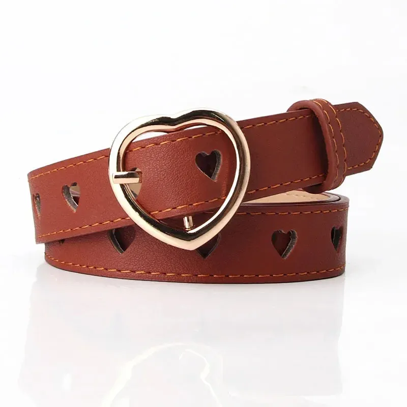 Women PU Leather Belt Hollow Out Loving Heart Ladies Waist Belt Trousers Pin Buckle Leather Personality Female Vintage Waistband