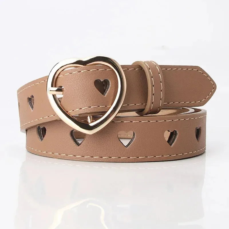 Women PU Leather Belt Hollow Out Loving Heart Ladies Waist Belt Trousers Pin Buckle Leather Personality Female Vintage Waistband